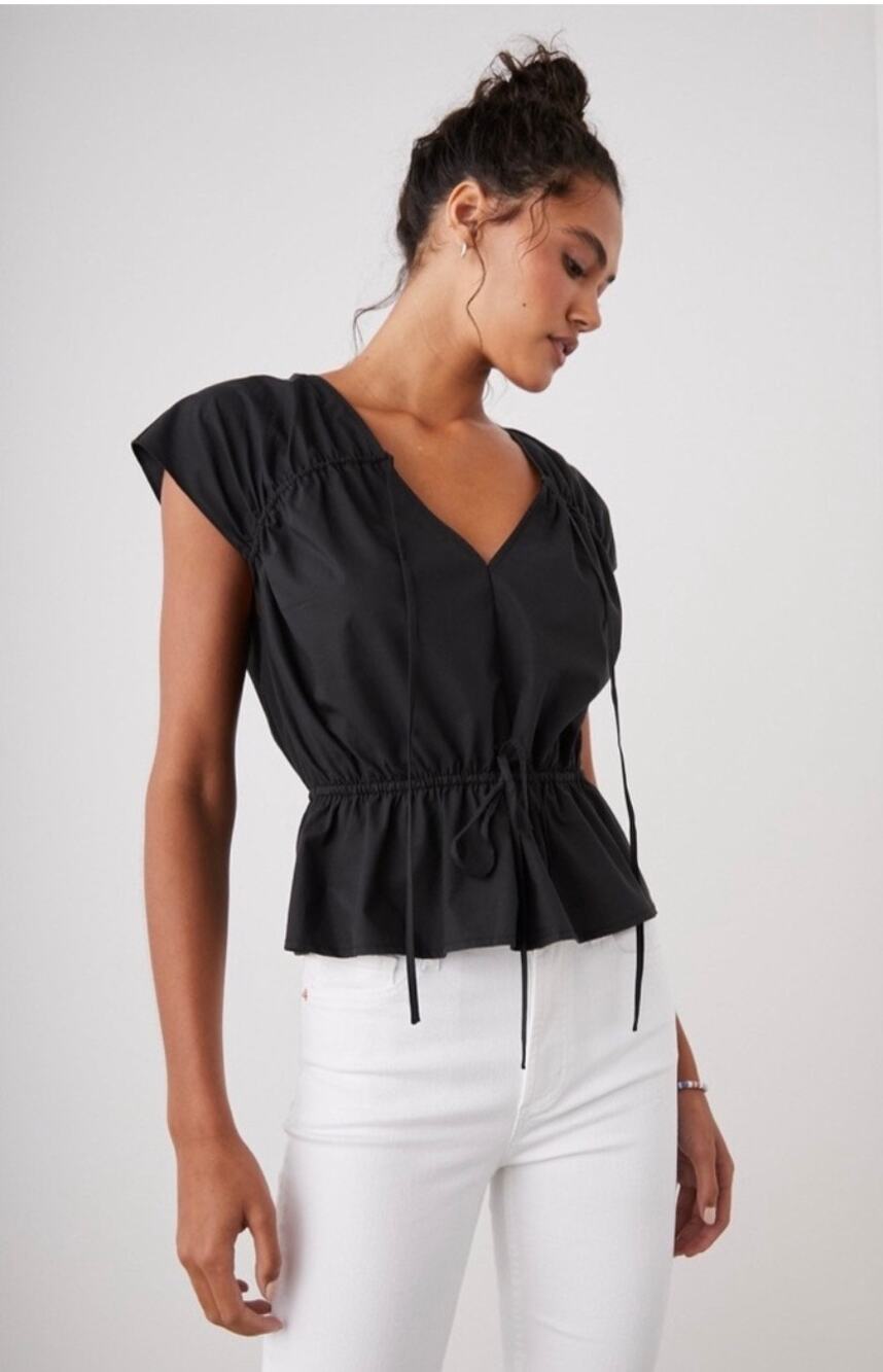 Rails Black Cotton Blouse Top Tie Up Peplum Cinched Lightweight Size L